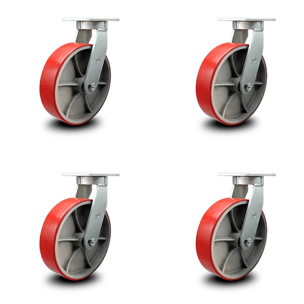 10 Inch Extra Heavy Duty Red Poly on Cast Iron Wheel Swivel Caster, 4PK